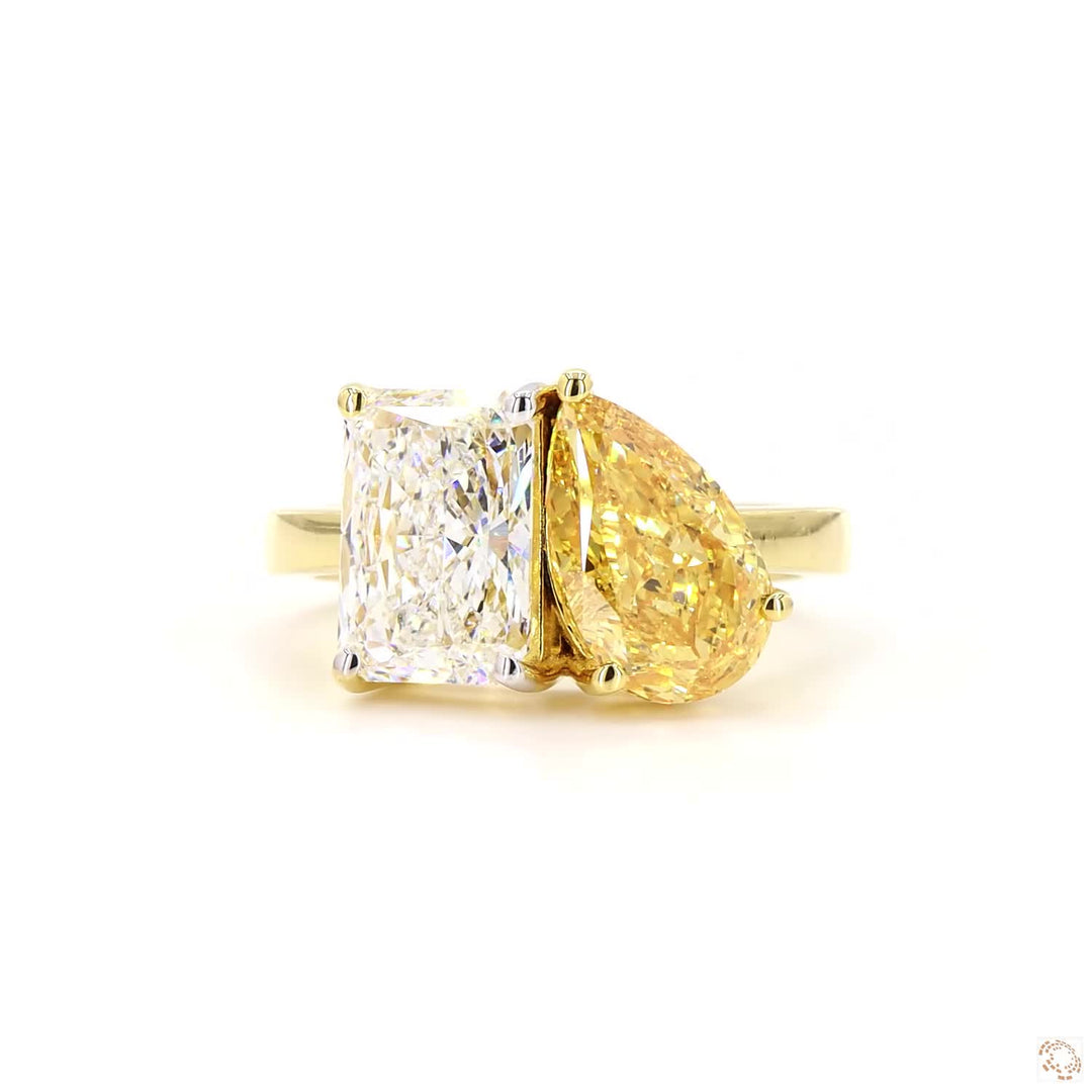 Toi et Moi Yellow Coloured Pear Emerald Lab Grown Diamond Ring