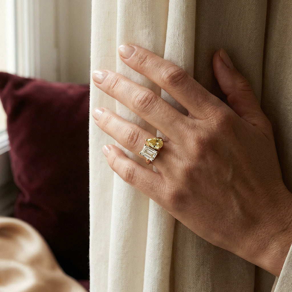 2 ctw Toi et Moi Yellow Coloured Pear Emerald Lab Grown Diamond Ring