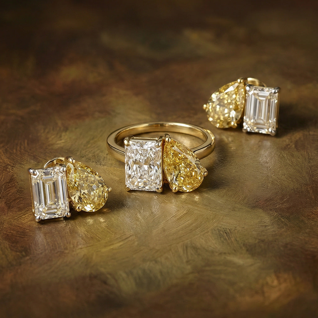 2 ctw Toi et Moi Yellow Coloured Pear Emerald Lab Grown Diamond Ring