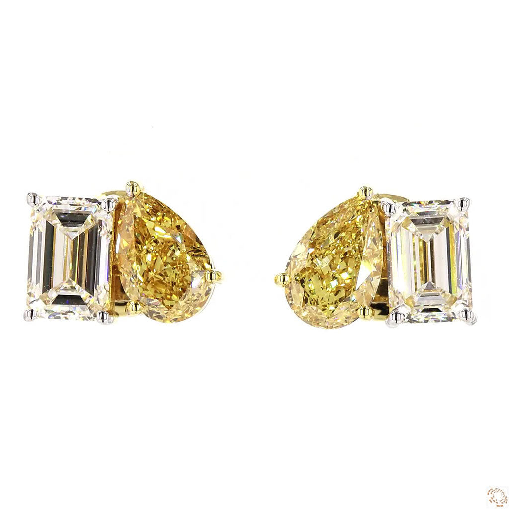 4 ctw Toi et Moi Yellow Pear Emerald Stud Earrings