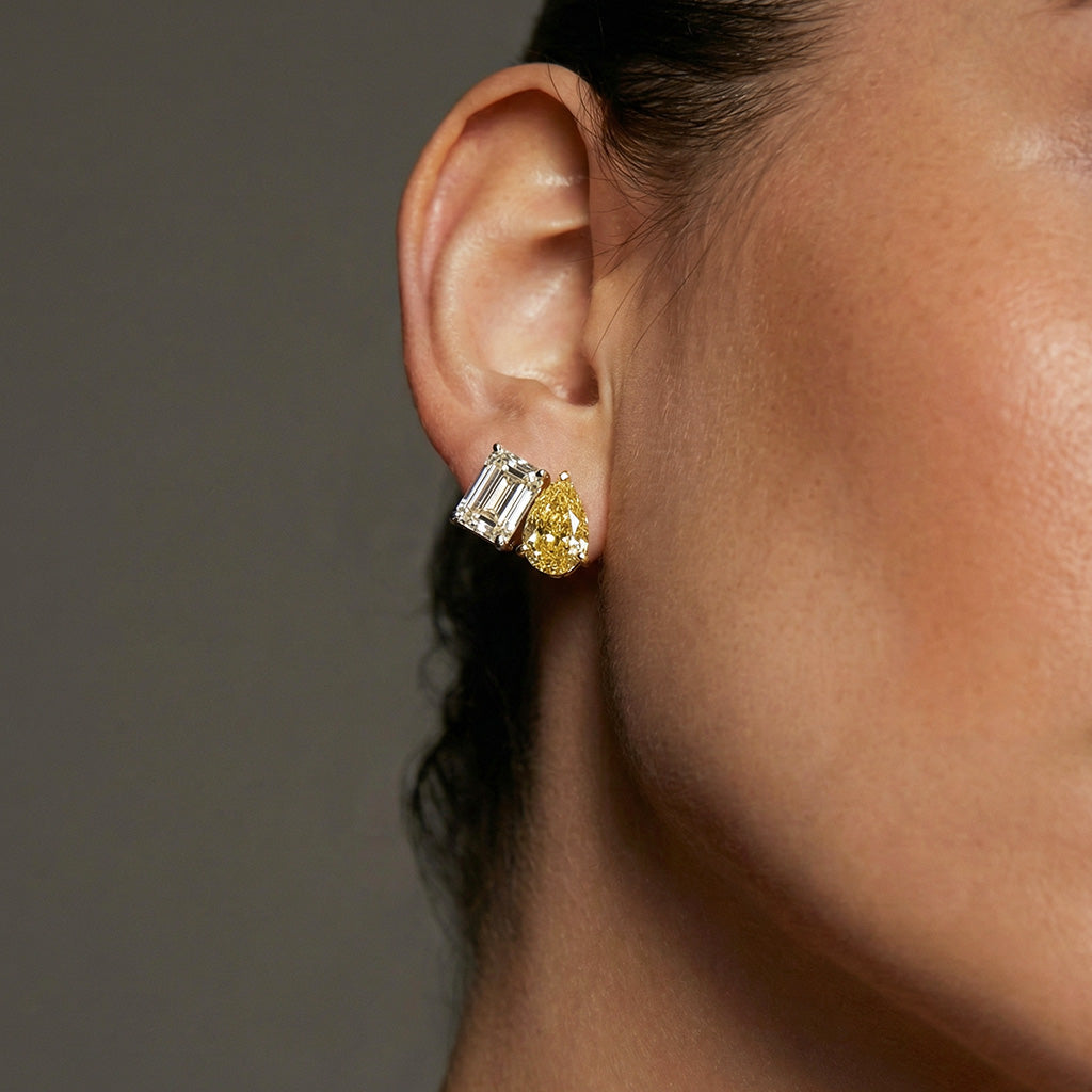 4 ctw Toi et Moi Yellow Pear Emerald Stud Earrings