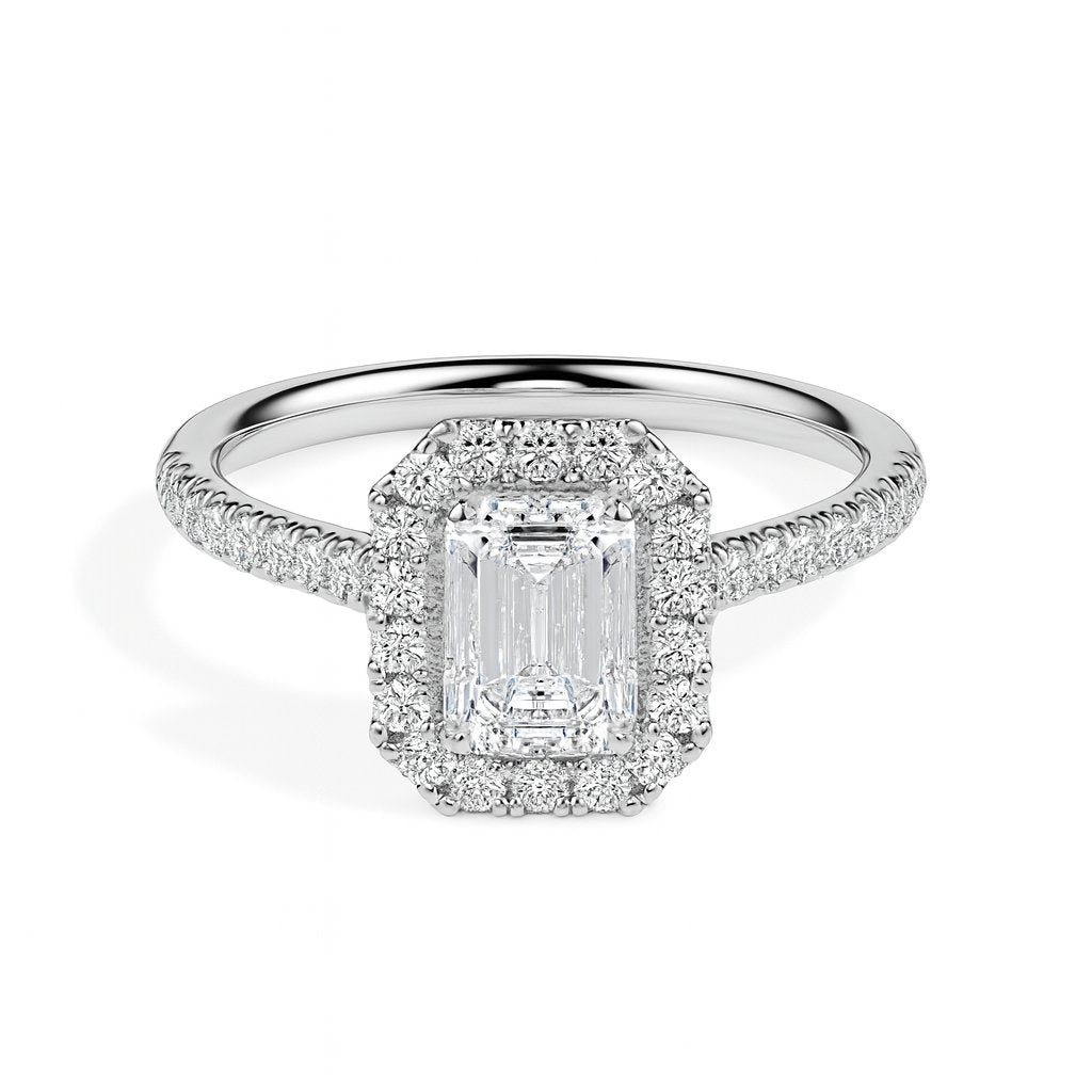 Paquita Solitaire Halo Pave Emerald Ring